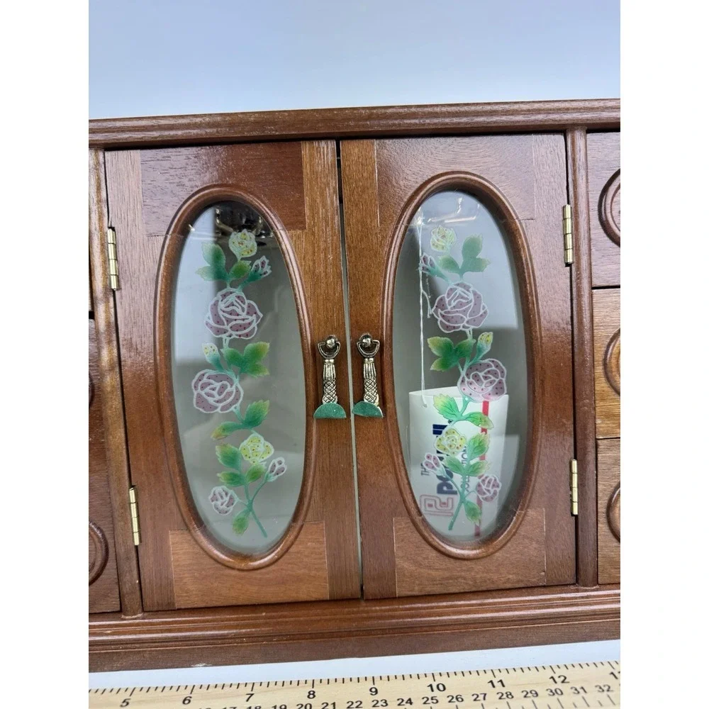 Vintage Jewelry Armoire Wood Cabinet Chest W/ Mirror Glass Door Organizer Floral